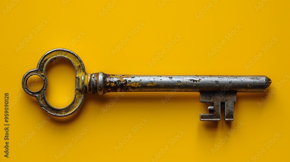 An old, rusty key lies on a vibrant yellow background, its aged surface telling tales of past use and the mysteries it holds. An old, rusty key lies on a vibrant yellow background, its aged surface telling tales of past use and the mysteries it holds.