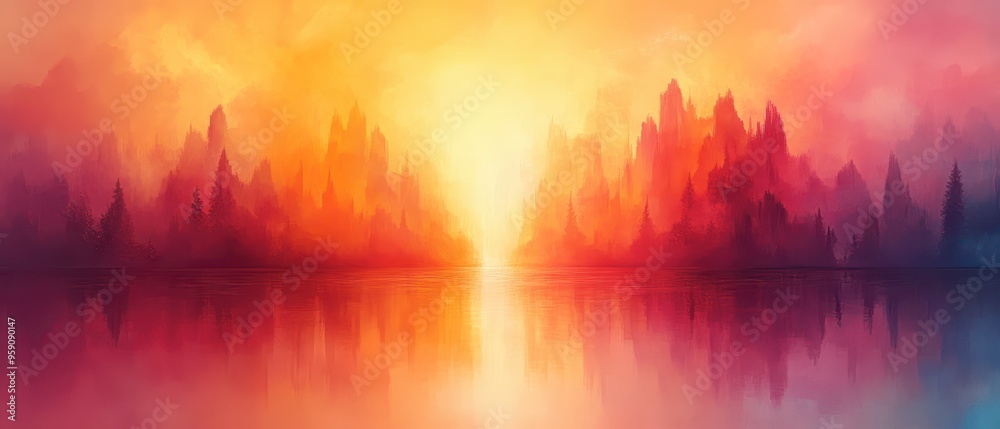 A vibrant sunset casts colorful reflections on tranquil water A vibrant sunset casts colorful reflections on tranquil water