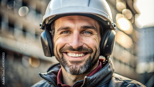 Smiling man in safety helmet outdoors at construction site during sunny day. Generative AI