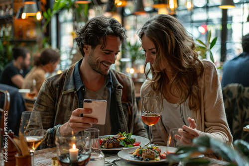 couple seated in a cozy restaurant  sharing a lighthearted moment while using a smartphone. The warm  ambient lighting  greenery  and stylish decor create an intimate  relaxed dining atmosphere.