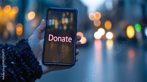 Donate button on a phone. The screen displays a prominent button or icon encouraging users to make a donation, typically seen in apps or websites related to fundraising, charity, or causes. photo