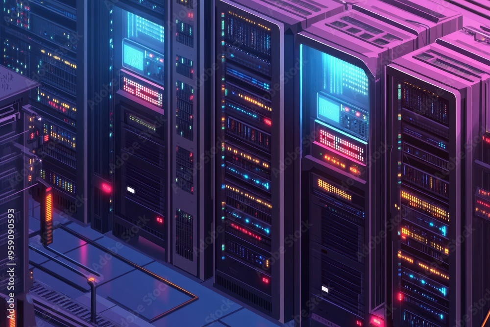 Server racks with glowing lights in a data center environment. Technology and digital infrastructure concept. Design for poster, banner, wallpaper, and tech projects. Server racks with glowing lights in a data center environment. Technology and digital infrastructure concept. Design for poster, banner, wallpaper, and tech projects.