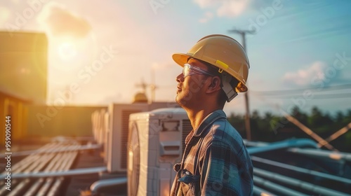 Wallpaper Mural hvac technician working on rooftop air conditioning unit under intense sunlight showcasing professional expertise in a challenging outdoor work environment Torontodigital.ca