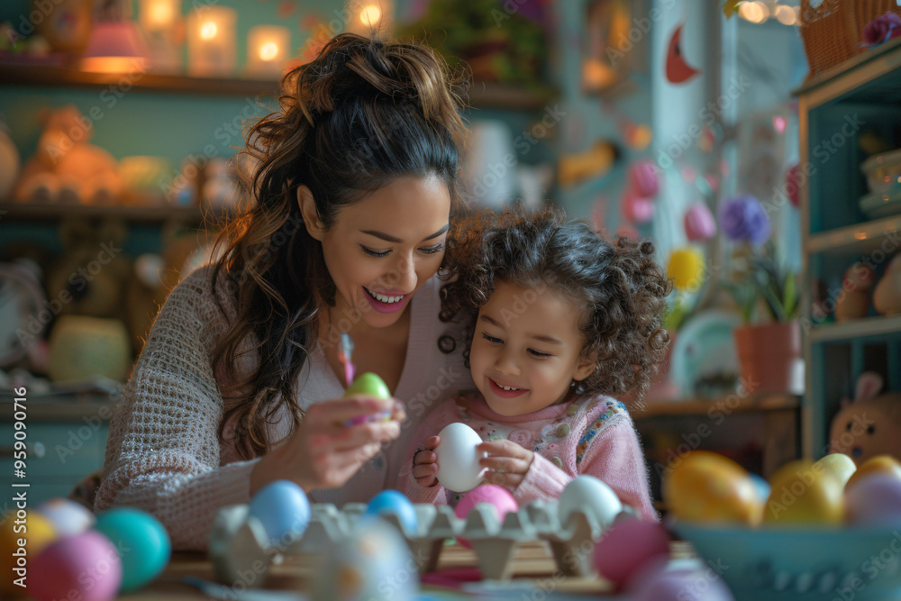 joyful mother and her young daughter are painting colorful Easter eggs together. Both are smiling and focused, surrounded by festive decorations, creating a warm, creative, and cozy atmosphere in thei joyful mother and her young daughter are painting colorful Easter eggs together. Both are smiling and focused, surrounded by festive decorations, creating a warm, creative, and cozy atmosphere in thei