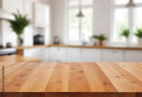 wooden tabletop with white kitchen interior background