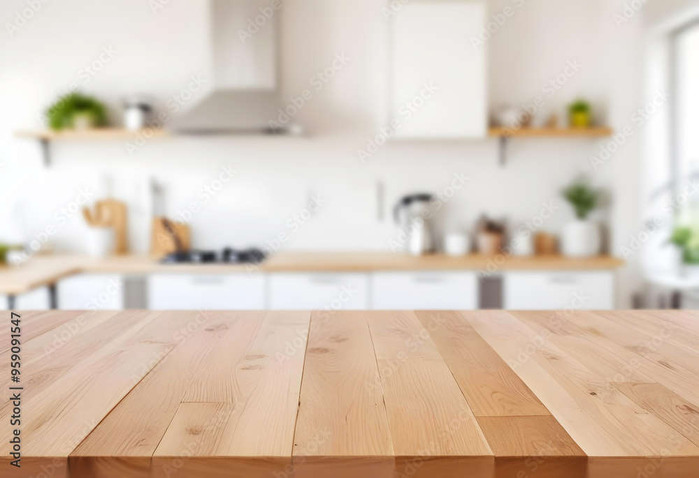 defocused modern kitchen interior tabletop in foreground