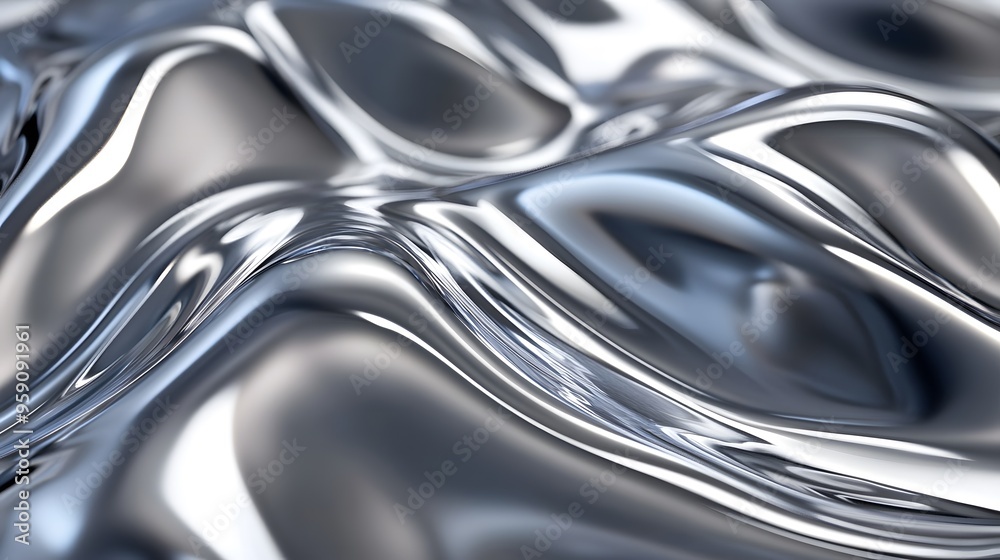 Abstract silver liquid metal wavy background. Shiny chrome fluid, close-up