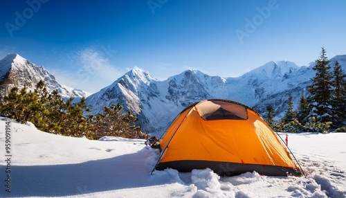 Camping in an orange tent in the snowy mountains, cold weather