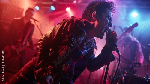 Energetic Male Rock Singer Performing on Stage with Band at Night Concert, Playing Hard Rock Music Under Bright Lights, Capturing the Intensity and Passion of Live Rock Performance in a Club Setting 