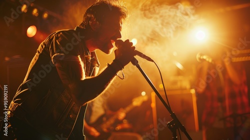 Energetic Male Rock Singer Performing on Stage with Band at Night Concert, Playing Hard Rock Music Under Bright Lights, Capturing the Intensity and Passion of Live Rock Performance in a Club Setting 