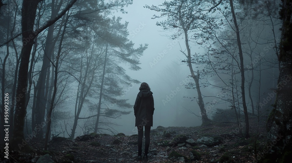 A solitary figure stands amidst a dense, misty forest, the trees looming large and shrouded in fog, creating an atmosphere of mystery and solitude. A solitary figure stands amidst a dense, misty forest, the trees looming large and shrouded in fog, creating an atmosphere of mystery and solitude.
