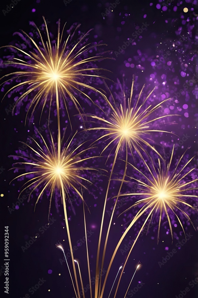Naklejka premium Yellow Fireworks 2025 New Years Celebration On A Purple Background