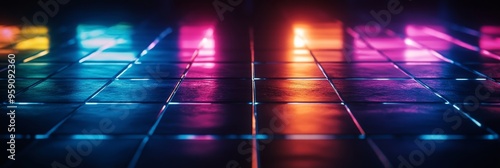 Vibrant neon light beams illuminate a dark tiled floor  creating a mesmerizing reflection of color and light. The contrasting dark and bright elements suggest a sense of mystery  energy  and urban coo