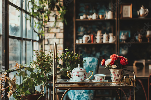 Vintage Tea Parlor Setting with an Empty Tea Cart for Service photo