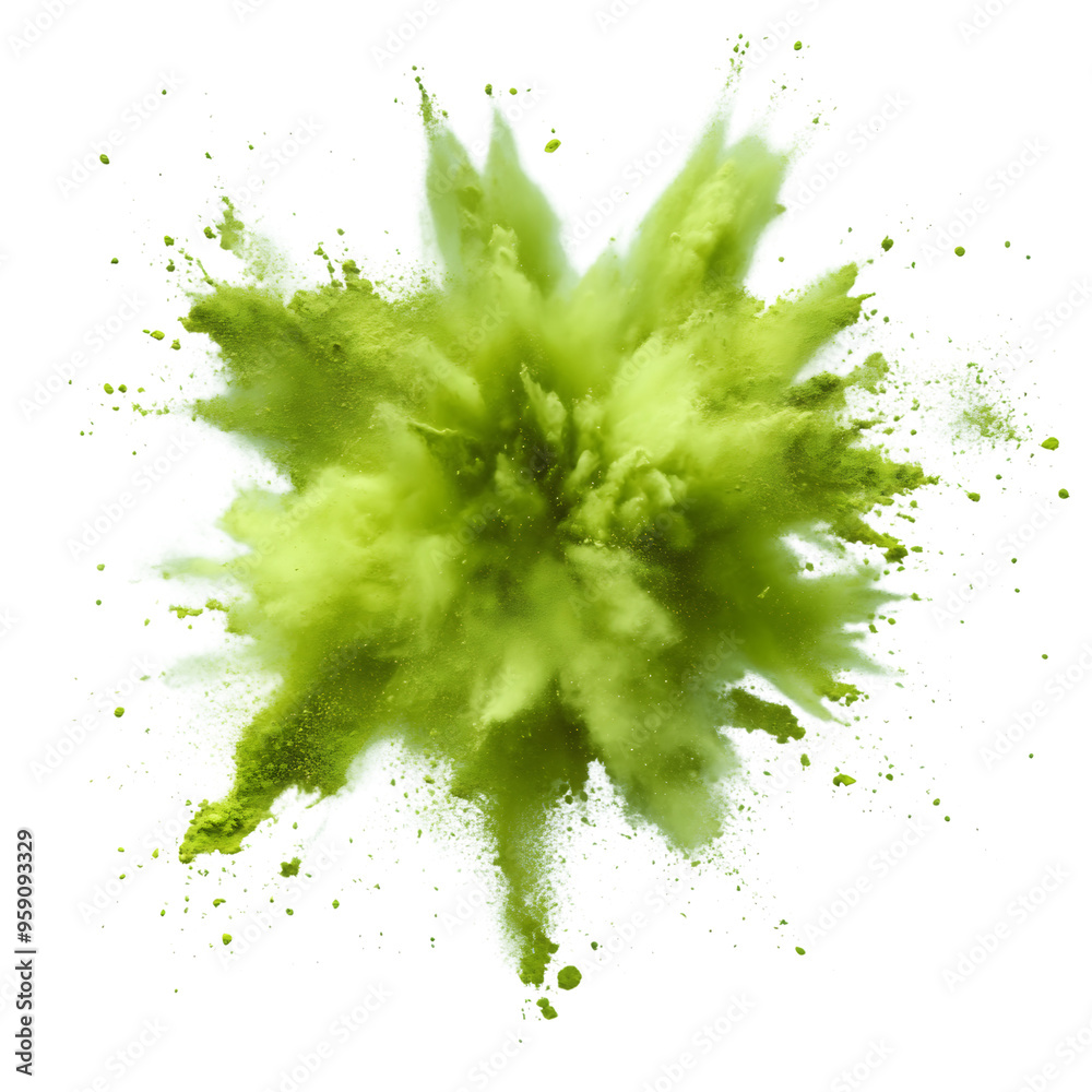 Green Explosion of Color: A vibrant burst of green powder explodes against a crisp white background, creating an abstract and dynamic visual. The explosion is captured in mid-air, showcasing the intri Green Explosion of Color: A vibrant burst of green powder explodes against a crisp white background, creating an abstract and dynamic visual. The explosion is captured in mid-air, showcasing the intri