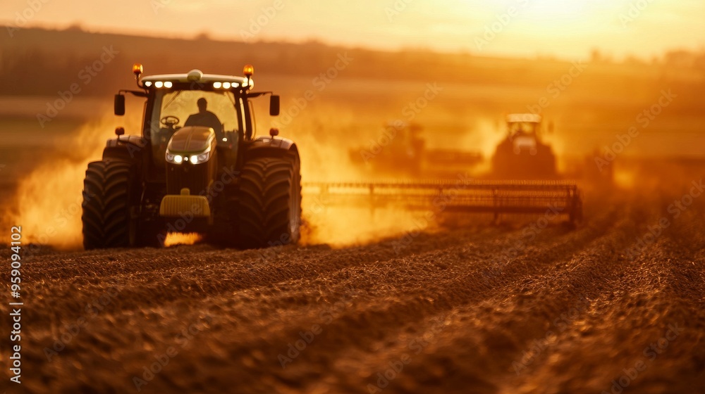 Two tractors working in a field at sunset, kicking up dust. Golden hour light illuminates the scene. Two tractors working in a field at sunset, kicking up dust. Golden hour light illuminates the scene.