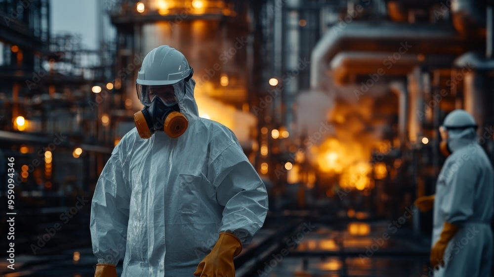 Two workers in protective gear and gas masks stand in a hazardous industrial environment. Two workers in protective gear and gas masks stand in a hazardous industrial environment.