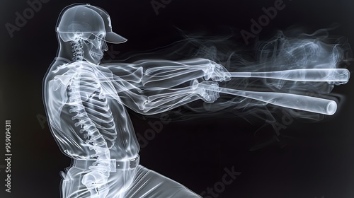 X-Ray of Swinging a Baseball Bat: An x-ray image of a baseball player swinging a bat, capturing the skeletal motion.
