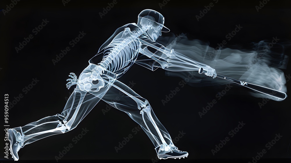 X-Ray of Swinging a Baseball Bat: An x-ray image of a baseball player swinging a bat, capturing the skeletal motion.
X-Ray of Swinging a Baseball Bat: An x-ray image of a baseball player swinging a bat, capturing the skeletal motion.