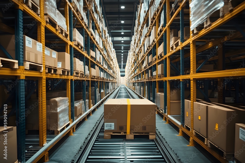 Fototapeta premium A Conveyor Belt Carrying a Pallet of Cardboard Boxes Through a Warehouse