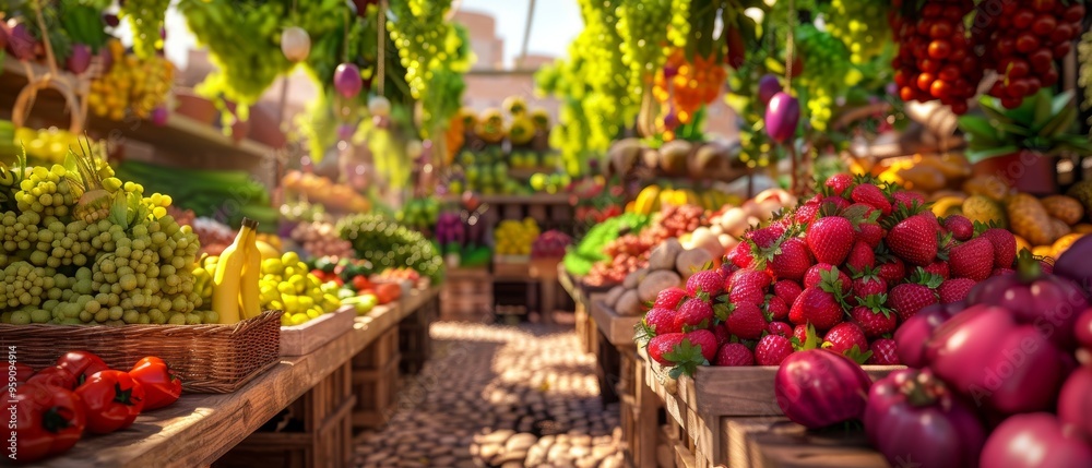 Vibrant produce displayed on market stalls, a symphony of colors and textures. Vibrant produce displayed on market stalls, a symphony of colors and textures.