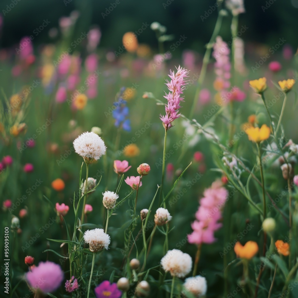 Vibrant wildflowers bloom in a lush meadow, creating a colorful and cheerful scene. Vibrant wildflowers bloom in a lush meadow, creating a colorful and cheerful scene.