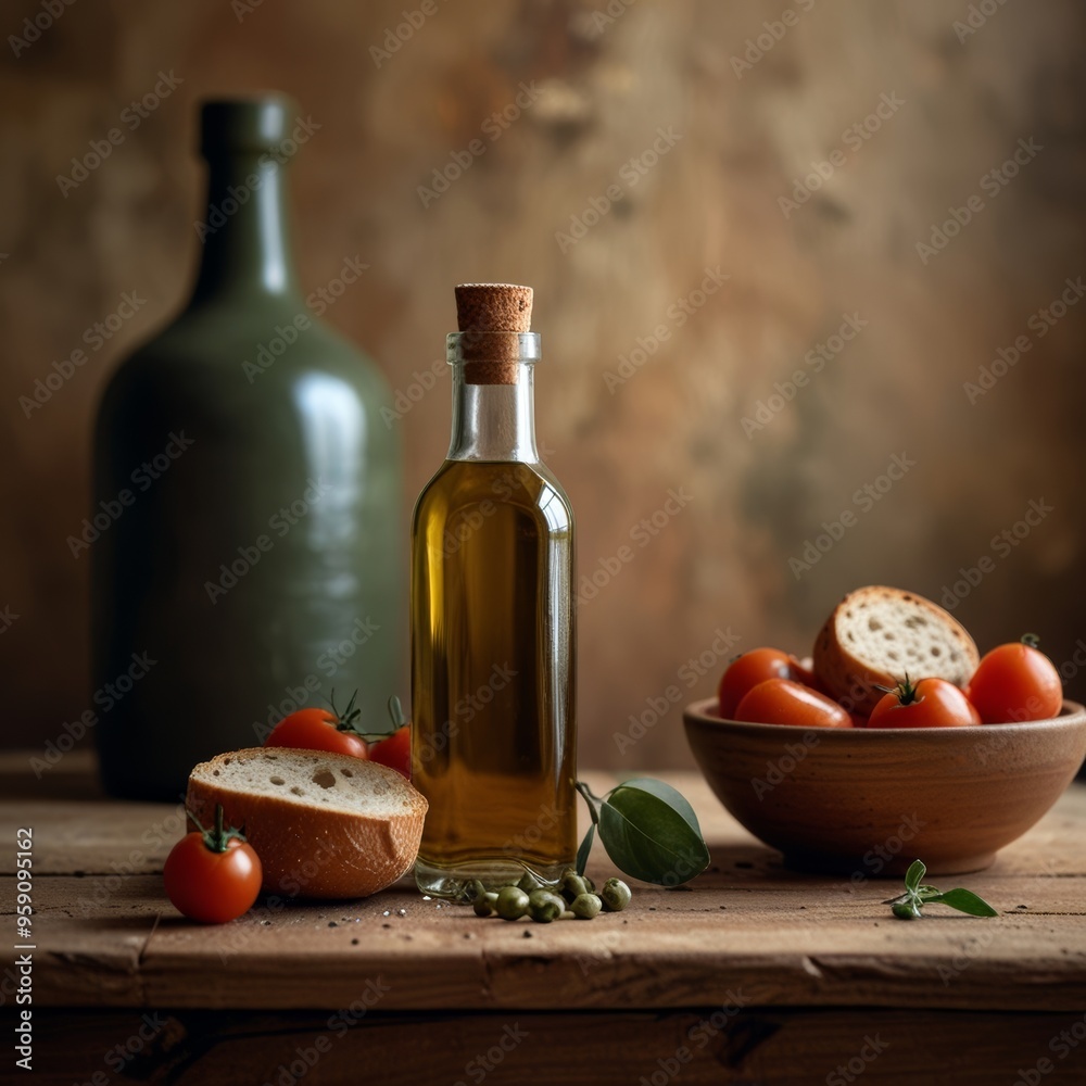 Country Scene with Olive Oil, Bread, and Tomatoes. On a rustic wooden table Country Scene with Olive Oil, Bread, and Tomatoes. On a rustic wooden table