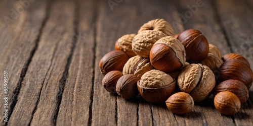 A bunch of nuts are scattered on a wooden table.