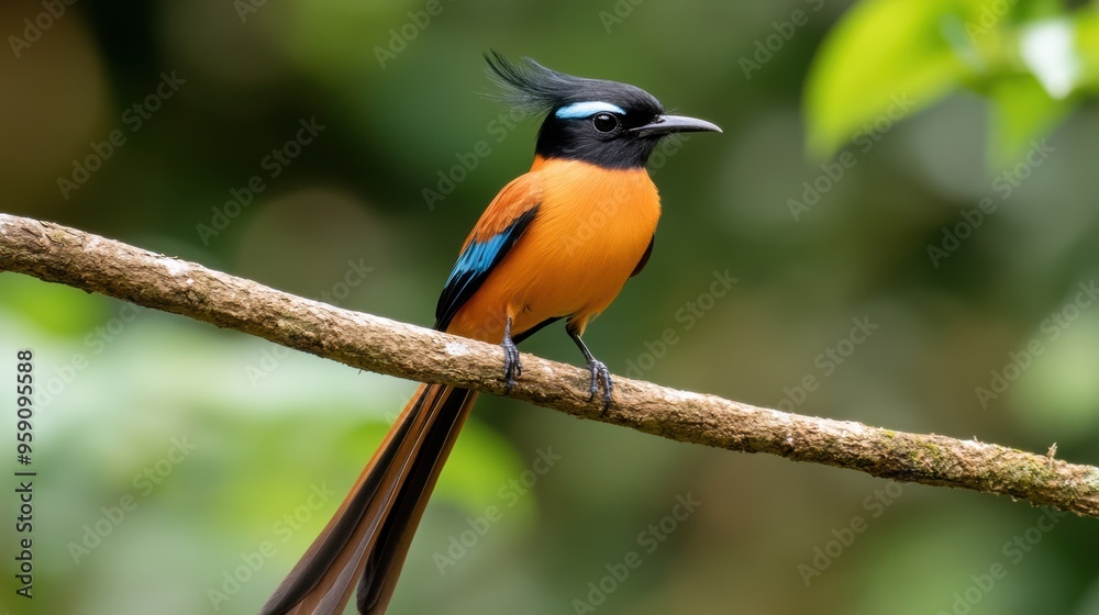 A colorful bird perched on a branch with green leaves, AI A colorful bird perched on a branch with green leaves, AI