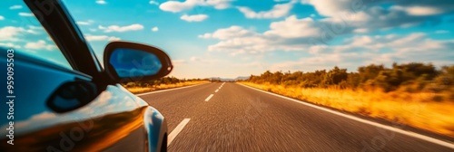 A car drives along an open road, showcasing a sense of freedom and adventure. The blue sky and white clouds overhead symbolize the vastness of possibilities, while the road ahead represents the journe photo