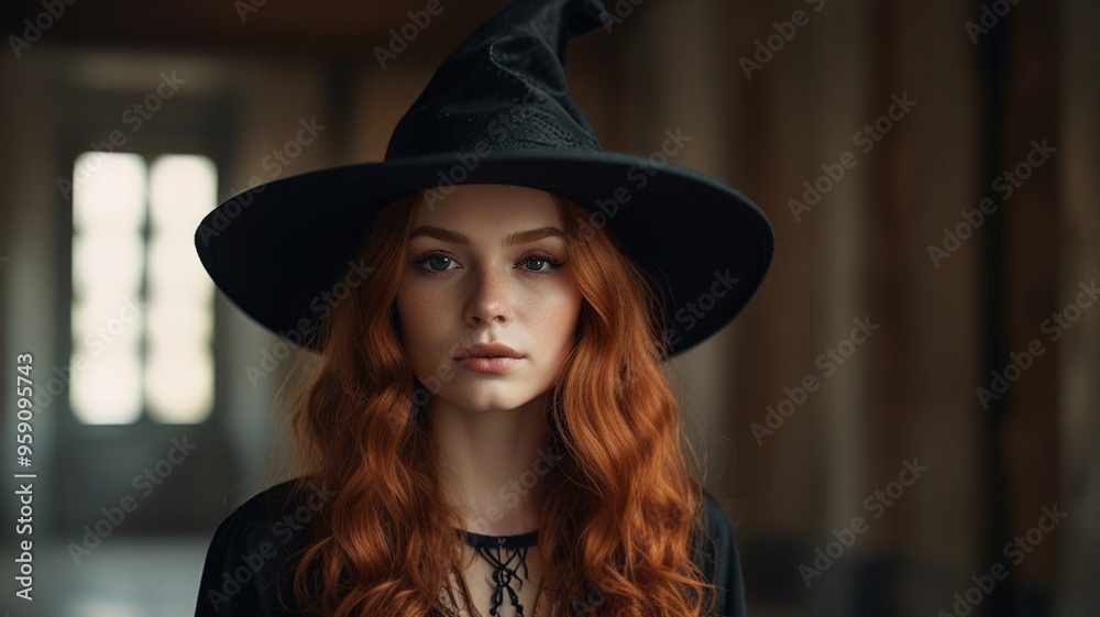 A mysterious woman with vibrant red curls wears a witch hat in an elegant indoor setting during a twilight gathering A mysterious woman with vibrant red curls wears a witch hat in an elegant indoor setting during a twilight gathering