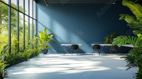 This image shows a modern office space with large windows, plants, and desks.