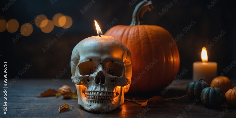 A candle is lit next to a skull and a pumpkin. A candle is lit next to a skull and a pumpkin.