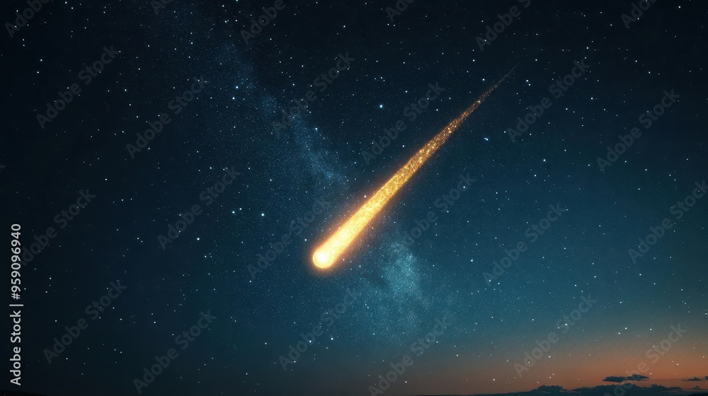 A glowing comet streaking across a starry night sky, celestial glowtime, awe-inspiring and cosmic A glowing comet streaking across a starry night sky, celestial glowtime, awe-inspiring and cosmic