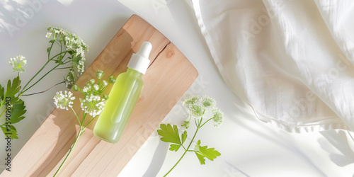 Glass dropper bottle with green serum placed on wooden board surrounded by flowers and fabric on white background. Flat lay composition with natural skincare concept