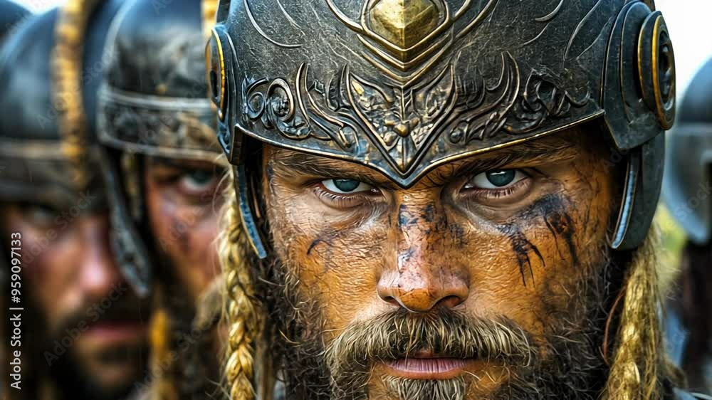 The video showcases fierce warriors adorned in detailed armor, preparing for an epic battle. Their expressions reflect determination and readiness for combat. The video showcases fierce warriors adorned in detailed armor, preparing for an epic battle. Their expressions reflect determination and readiness for combat.