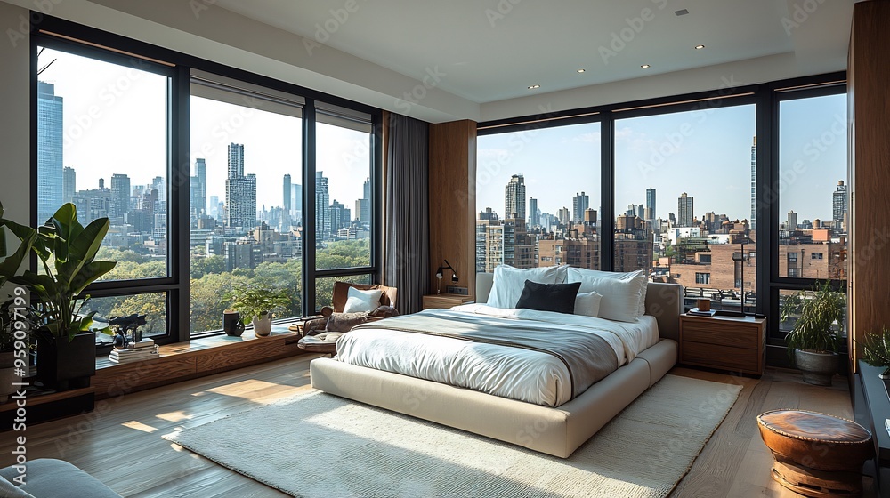 Naklejka premium Highquality photograph of stylish modern bedroom with a kingsized bed minimalist decor and large windows overlooking a cityscape