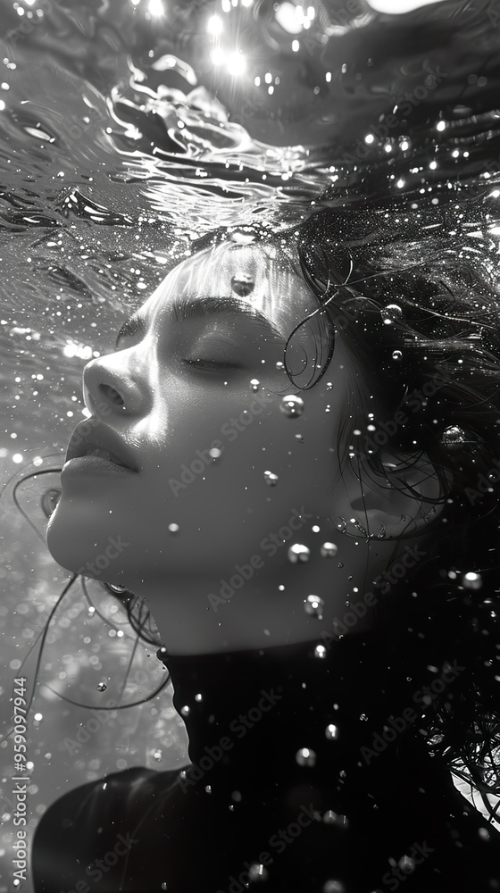 A woman with her eyes closed, submerged in water with her hair flowing around her. Her face is illuminated by sunlight filtering through the water, creating a serene and ethereal atmosphere. A woman with her eyes closed, submerged in water with her hair flowing around her. Her face is illuminated by sunlight filtering through the water, creating a serene and ethereal atmosphere.