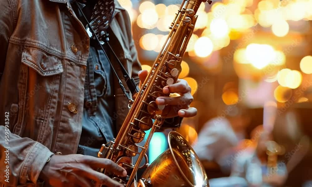 A musician playing a soulful melody on a saxophone in a cozy jazz club, with the audience swaying to the rhythm of the music. Video