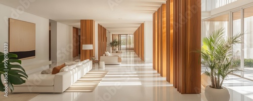 Bright and spacious modern living room featuring elegant decor and natural light with stylish wooden accents.