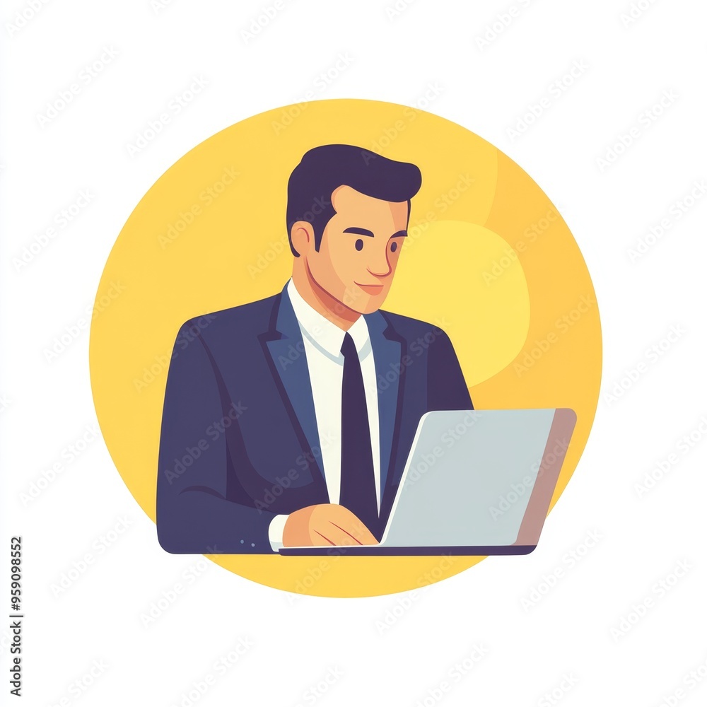 A business professional working diligently on a laptop in a modern flat illustration style A business professional working diligently on a laptop in a modern flat illustration style