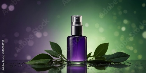 purple cosmetic bottle with liquid lying on green background.