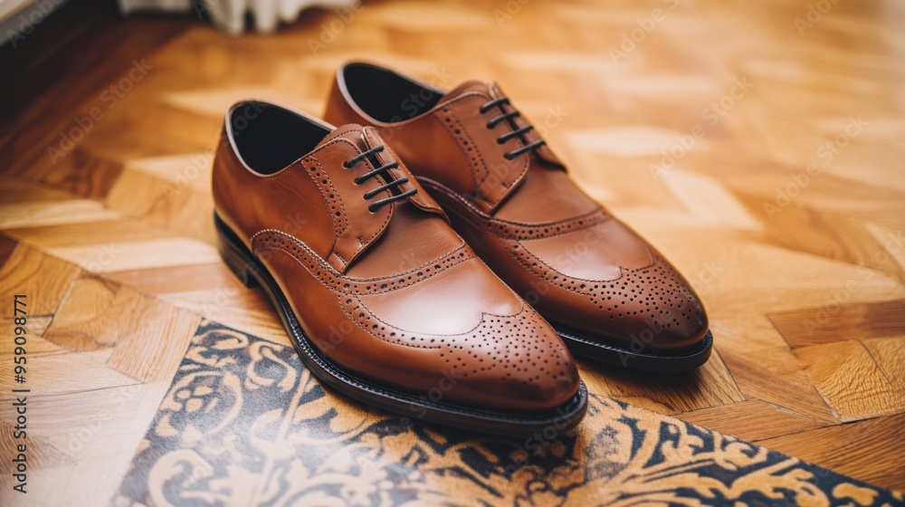 A close-up of polished leather dress shoes with a classic design, placed on a stylish wooden floor, perfect for a formal outfit A close-up of polished leather dress shoes with a classic design, placed on a stylish wooden floor, perfect for a formal outfit
