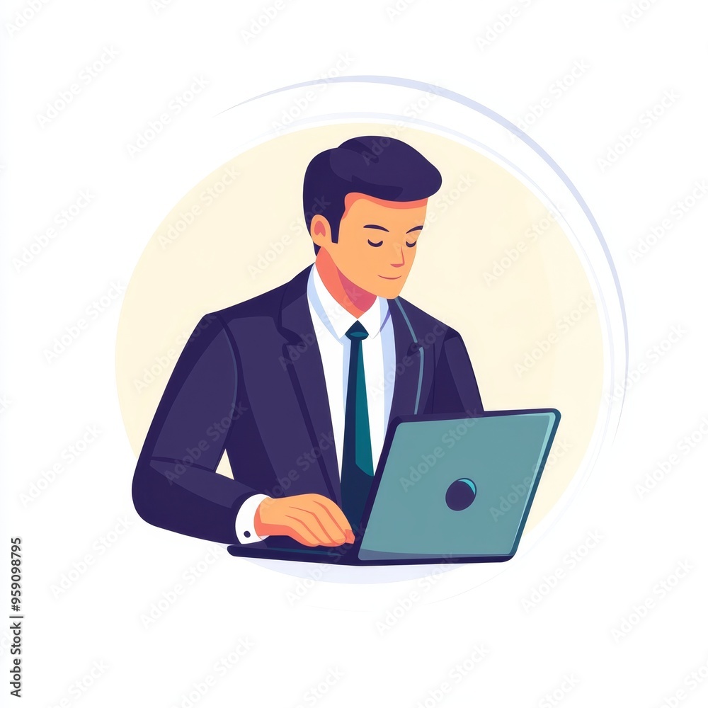 A professional man in a business suit works focused on his laptop at a clean workspace A professional man in a business suit works focused on his laptop at a clean workspace