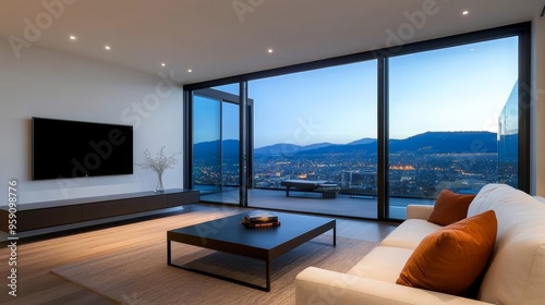 A contemporary living room featuring a sleek design with large windows showcasing a panoramic city vista. The glass balcony offers an extension of the living space  seamlessly blending indoor and outd