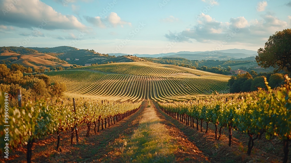 Harvest Time Haven: Tranquil Vineyard Landscape with Ripe Grapevines and Copy Space for Winery Promotion Harvest Time Haven: Tranquil Vineyard Landscape with Ripe Grapevines and Copy Space for Winery Promotion