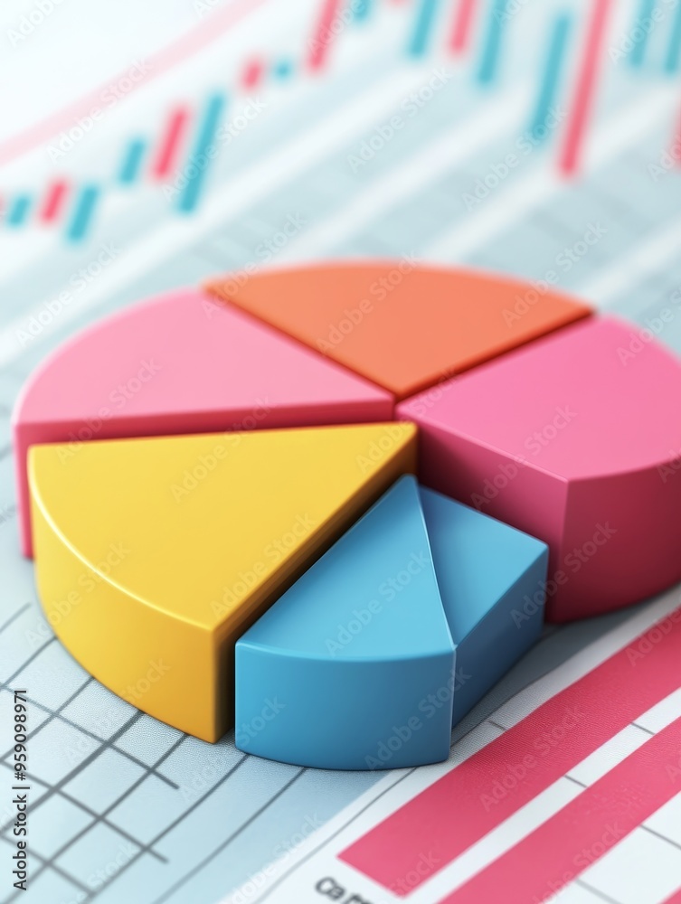 Fototapeta premium A colorful pie chart divided into five sections representing different business segments or strategies. The chart is on a graph paper background symbolizing data analysis, financial planning, and busi