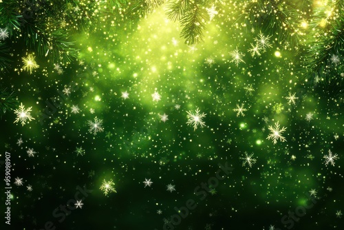 Green Christmas Background with Snowflakes and Stars
