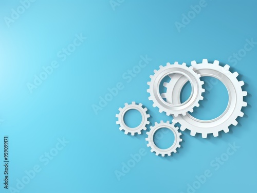 Three white gears on a Sky Blue background, laid flat, copy space concept for business technology and development in the abstract vector with copy space 