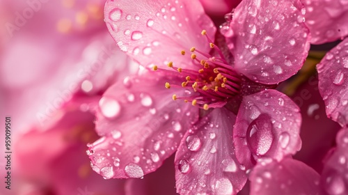 A close-up of vibrant pink cherry blossom petals with morning dew, capturing the intricate details and delicate beauty of the flowers photo